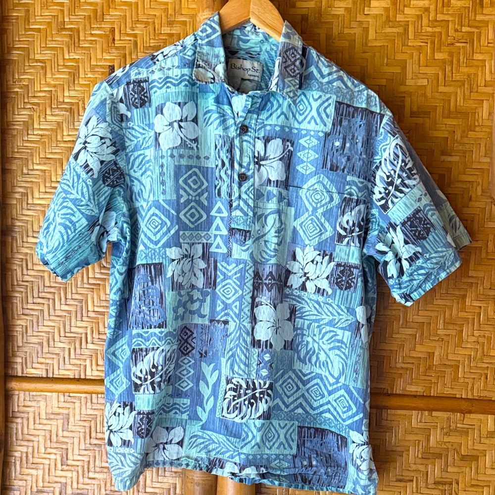 Bishop St. Blue Patterned Hawaiian aloha Shirt xl